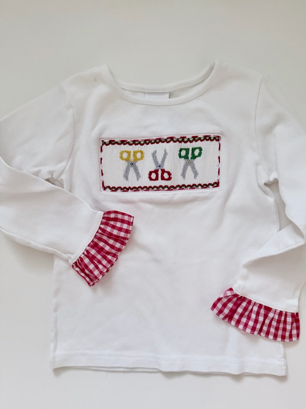 3T Girls' White Long Sleeve Top with Red Gingham Ruffle and Scissor Embroidery